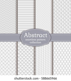 Set of white seamless patterns. Abstract geometric textures. Vector collection.