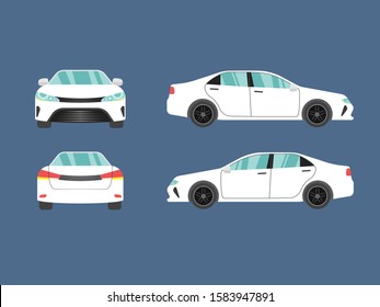 Set of white sedan car view on blue background,illustration vector,Side, front, back