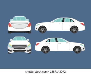 Set of white sedan car view on blue background,illustration vector,Side, front, back