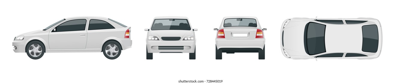 Set of white Sedan Cars. Isolated vehicle, template for transport branding and advertising. Front, rear , side, top Change the color in one click All elements in groups on separate layers