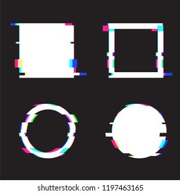 Set of white shapes, screen with glitch effect. Square and circle frames