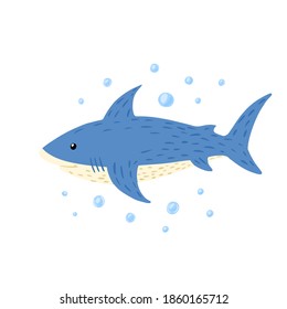 Set white shark with bubbles on white background. Cartoon cute fishes in style doodle vector illustration.