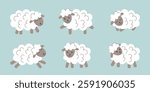 Set of white sheep on blue background. Farm animals. Vector hand drawn cliparts.