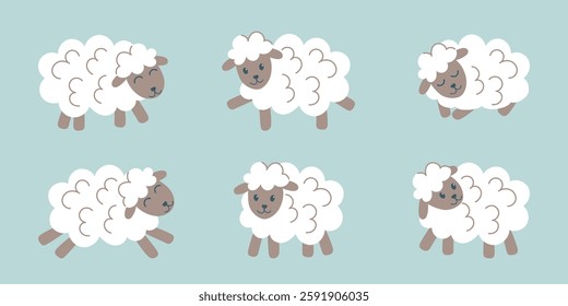 Set of white sheep on blue background. Farm animals. Vector hand drawn cliparts.