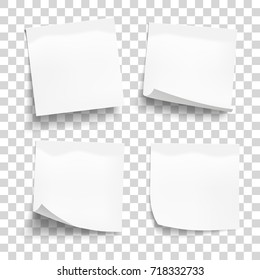 Set of white sheets of note paper isolated on transparent background. Four sticky notes. Vector illustration