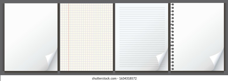 Set of white sheets of paper. Blank, lined, checkered sheet and white paper on grey background. Organizer and diary vector template isolated. Paper sheet template. 