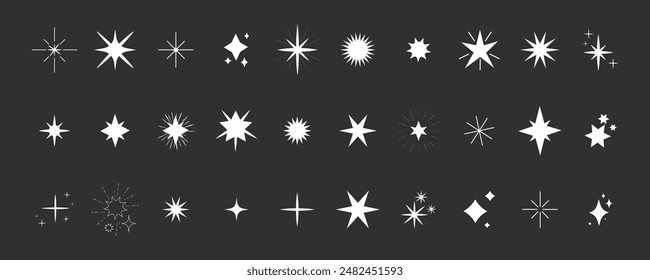 Set white shine sparkle icon glare,light,blink star minimal shape, burst and rays decoration. Twinkle magic comic shine isolated on dark background.
