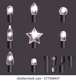 Set of white shining garland lights with holders isolated on background. Christmas, New Year party decoration realistic design elements. Glowing lights for Xmas. Holiday greeting design.