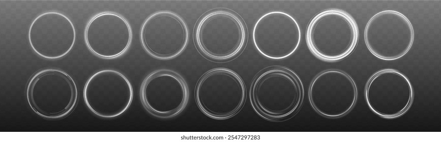 Set of white shiny wavy ellipses and spirals. Sparkling magical dust particles. Bright Star. Transparent shining sun, bright flash.	