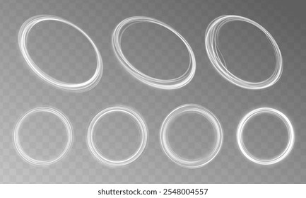 Set of white shiny wavy ellipses and spirals. Sparkling magical dust particles. Bright Star. Transparent shining sun, bright flash.	