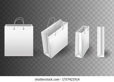 Conjunto de bolsas blancas de compras aisladas en un fondo transparente. Cierre las maquetas vectoriales de bolsas de compras. Bolsa de moda de papel blanco vacía