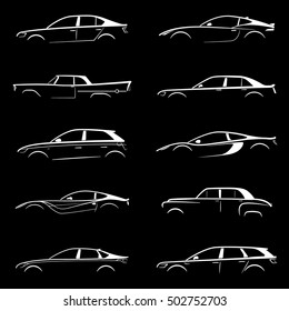 Set of white silhouette car on black background. Vector illustration.