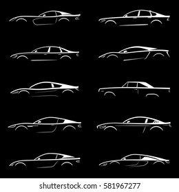 Set Of White Silhouette Car On Black Background. Vector Illustration.