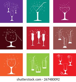 Set White silhouette of glasses, carved on color background. Vector illustration, best for your design, flyers, coasters, prints.