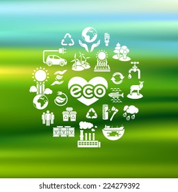 Set of white silhouette vector icons of ecology theme on a blurred background