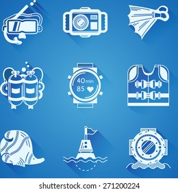 Set of white silhouette vector icons for objects and accessory for diving on blue background.