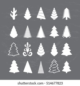 Set of white silhouettes Christmas tree on the chalkboard. Vector illustration.