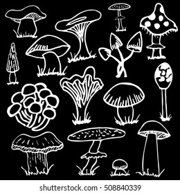 Set of white silhouettes of cute cartoon mushrooms isolated on black background.