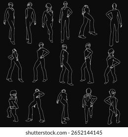 Um conjunto de silhuetas brancas representando uma menina em várias poses dinâmicas se destaca contra um fundo preto. O design minimalista destaca movimento e forma com linhas limpas e alto contraste.