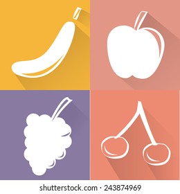 a set of white silhouettes of fruits on different colored backgrounds