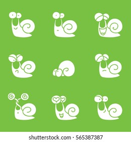 Set of white silhouettes of funny snails on green background. Vector illustration.