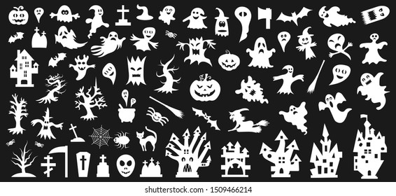 Set of white silhouettes of Halloween on a black background. Vector illustration