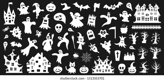 Set of white silhouettes of Halloween on a black background. Vector illustration
