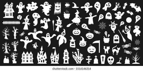 Set of white silhouettes of Halloween on a black background. Vector illustration