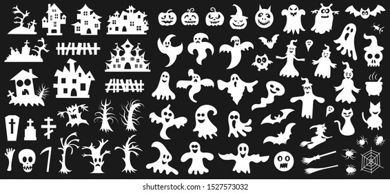 Set of white silhouettes of Halloween on a black background. Vector illustration