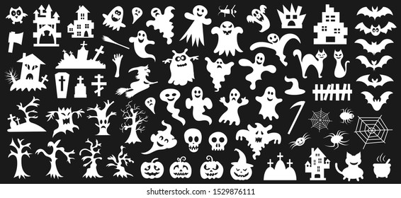 Set of white silhouettes of Halloween on a black background. Vector illustration