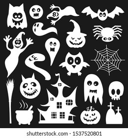 Set of white silhouettes of Halloween on a black background. Vector illustration