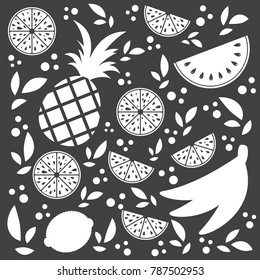 Set of white silhouettes of isolated apetitic fruits on a black background. Juicy, delicious tropical food. Simple flat vector illustration. Suitable for design of packages, postcards, advertising.