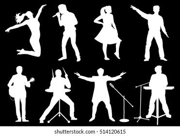 Set of white silhouettes of musicians, singers and dancers on black background. Vector illustration