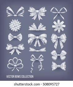 Set of white silver cartoon style bow knots and tied ribbons. Vector decoration elements collection