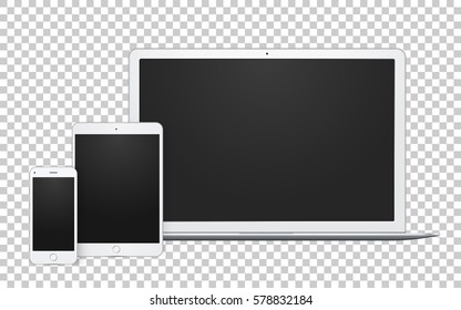 Set of white silver gadgets with blank screen to demonstrate your design, we, app, mobile. Vector laptop, tablet and phone.