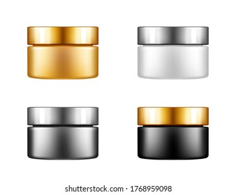 Set of white, silver, gold and black cosmetic jar with glossy cap mockups: lotion, cream, powder. Plastic package design. Blank hygiene, medical, body or face care template. 3d vector illustration