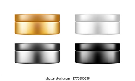 Set of white, silver, gold and black cosmetic jar with cap mockup: lotion, cream, mousse, powder. Plastic package design. Blank hygiene, medical, body or face care template. 3d vector illustration