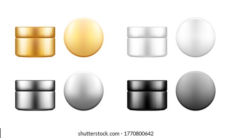 Set of white, silver, gold and black cosmetic jar with cap top view mockup: lotion, cream, powder. Plastic package design. Blank hygiene, medical, body or face care template. 3d vector illustration