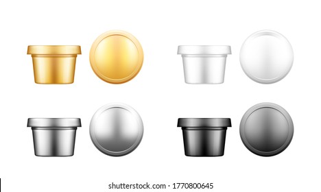 Set of white, silver, gold and black cosmetic jar with cap top view mockup: lotion, cream, mousse, powder. Plastic package design. Blank beauty product or medical care template. 3d vector illustration