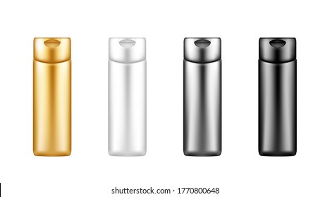 Set of white, silver, gold and black cosmetic bottle mockup: lotion, cream, shampoo, shower gel. Plastic package design. Blank hygiene, body, hair, face care product template. 3d vector illustration