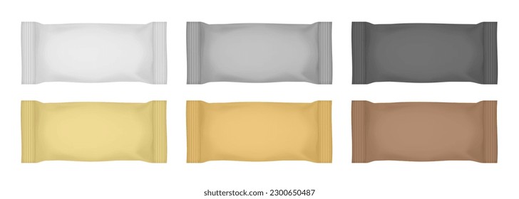 Set of white, silver, gold, black and brown flow packs. Chocolate bar or ice cream wrapper. Silver foil bag. Realistic 3d mockup of a cookie snacks. Pouch