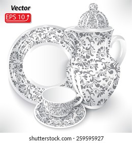 set white silver grey floral pattern dishes of coffee chocolate tea, cup, pitcher, coffee pot, plate isolated on white background icon vector illustration