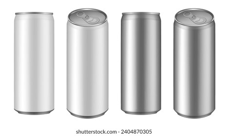 Set of white and silver tin cans of energy drink, juice or soda. Cocktail or fitness drink. Cold beverages. Can top view