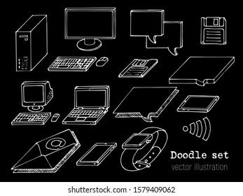 Set of white sketch computers on black background. Doodle pc, laptop, tablet, floppy, mail, chat box. Retro Computer stuff icon in Hand-drawn style. Vector illustration.