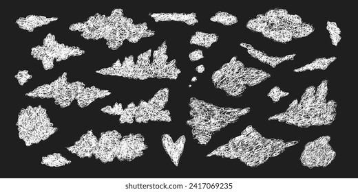 Set of white sketch hand drawn scribble clouds or smoke, fume. Fluffy textured cloud elements for print design, patterns, stickers, apps and books decoration, texture background