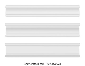 Set of white skirting baseboard molding. Plaster interior decor. Vector illustration.