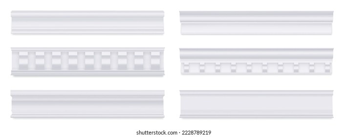 Set of white skirting baseboard molding. Plaster interior decor. Vector illustration.