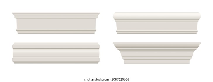 Set of white skirting baseboard moulding. Ceiling crown on white background. Plaster, wooden or styrofoam interior decor. Classic home design. Vector illustration.