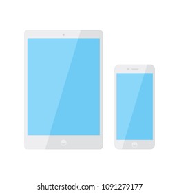 Set of white smart digital tablets and smart phone, iPad & iPhone, with black screen icon, flat design interface element for app ui ux web eps 10 vector isolated on white background