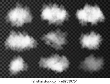 Set of white  smoke cloud  isolated on transparent background.  Steam explosion special effect.  Realistic  vector   fire fog or mist texture .